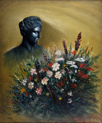 Mario Russo “testa di bronzo con fiori” 1991 100 x 120